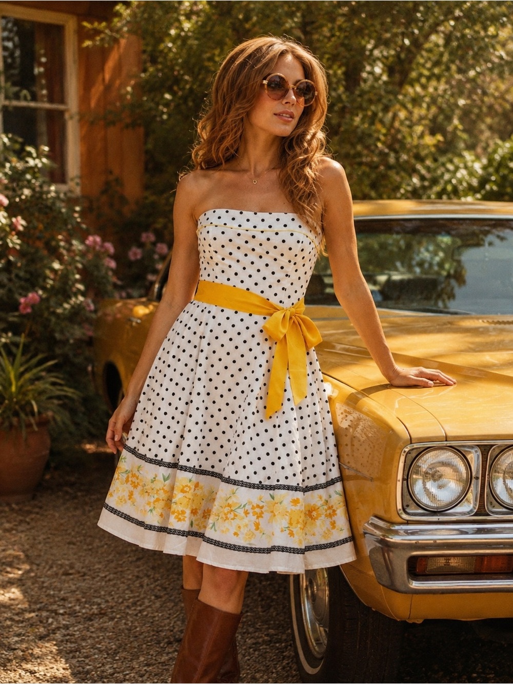 Vintage Strapless Polka Dot 70s Dress Yellow Cottagecore Coquette Retro Tulle